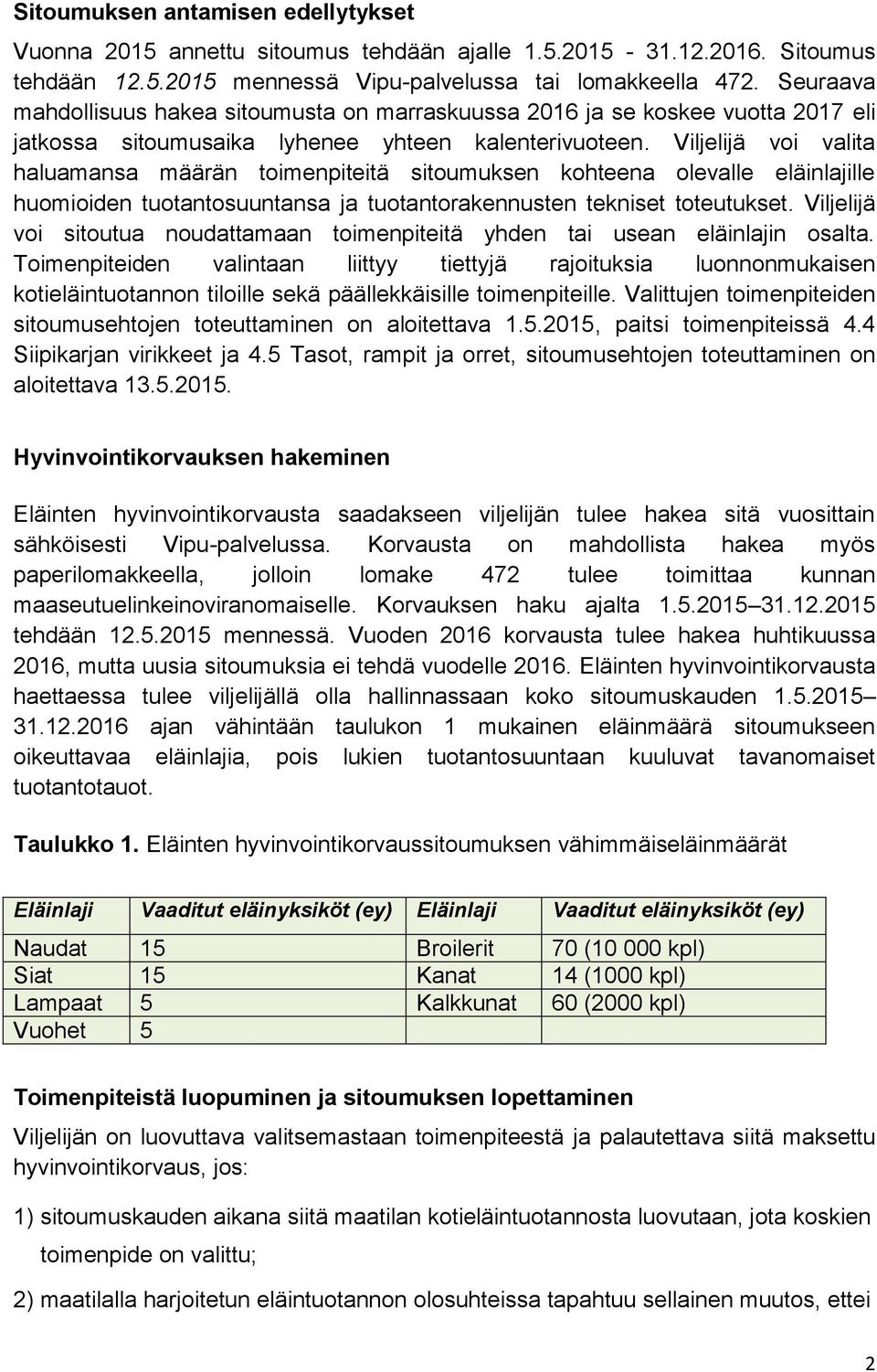 Viljelijä voi valita haluamansa määrän toimenpiteitä sitoumuksen kohteena olevalle eläinlajille huomioiden tuotantosuuntansa ja tuotantorakennusten tekniset toteutukset.