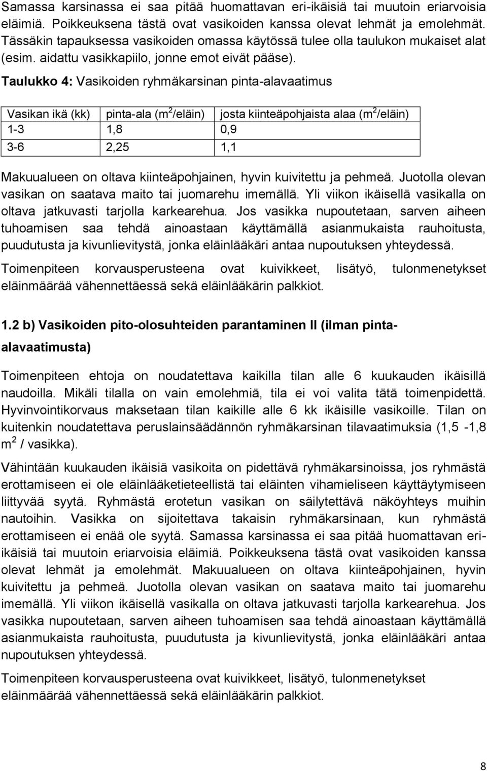 Taulukko 4: Vasikoiden ryhmäkarsinan pinta-alavaatimus Vasikan ikä (kk) pinta-ala (m 2 /eläin) josta kiinteäpohjaista alaa (m 2 /eläin) 1-3 1,8 0,9 3-6 2,25 1,1 Makuualueen on oltava