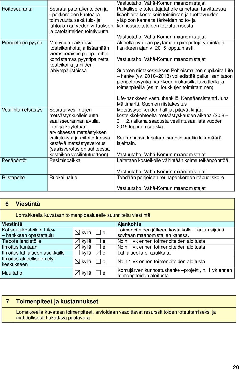 annetaan tarvittaessa lisäohjeita kosteikoin toiminnan ja tuottavuuden ylläpidon kannalta tärkeiden hoito- ja kunnossapitotöiden toteuttamisesta Vastuutaho: Vähä-Komun maanomistajat Alueella pyritään