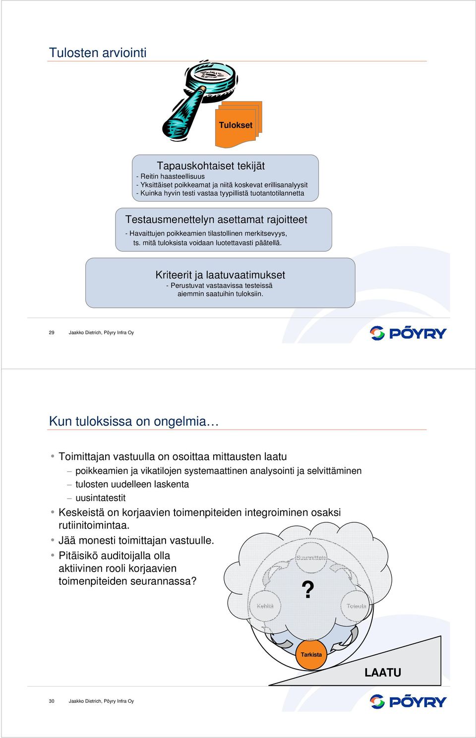 Kriteerit ja laatuvaatimukset - Perustuvat vastaavissa testeissä aiemmin saatuihin tuloksiin.