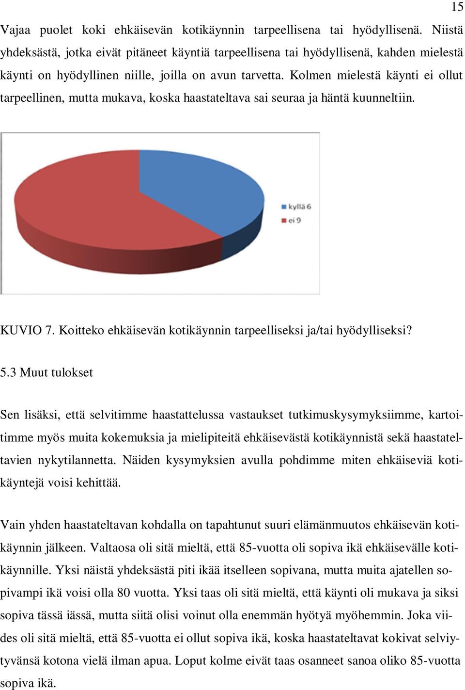 Kolmen mielestä käynti ei ollut tarpeellinen, mutta mukava, koska haastateltava sai seuraa ja häntä kuunneltiin. KUVIO 7. Koitteko ehkäisevän kotikäynnin tarpeelliseksi ja/tai hyödylliseksi? 5.