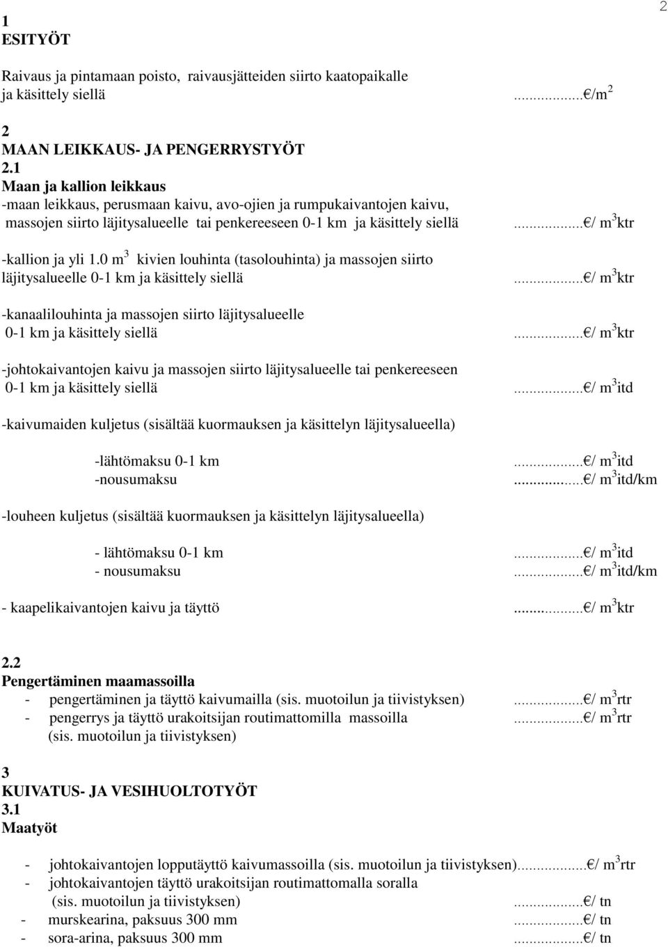 0 m 3 kivien louhinta (tasolouhinta) ja massojen siirto läjitysalueelle 0-1 km ja käsittely siellä... /m 2... / m 3 ktr.