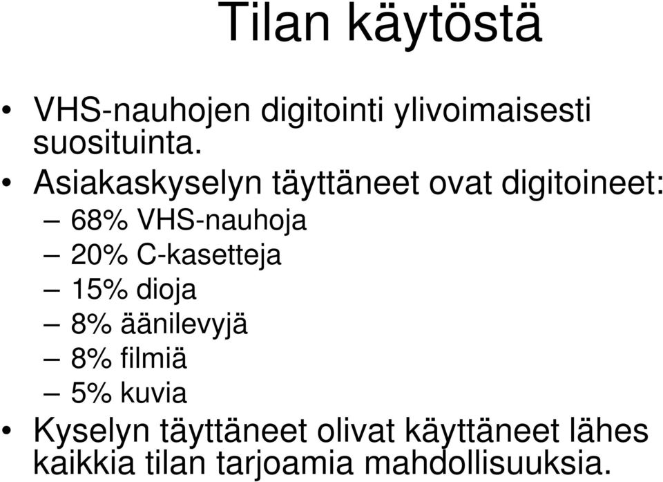 C-kasetteja 15% dioja 8% äänilevyjä 8% filmiä 5% kuvia Kyselyn