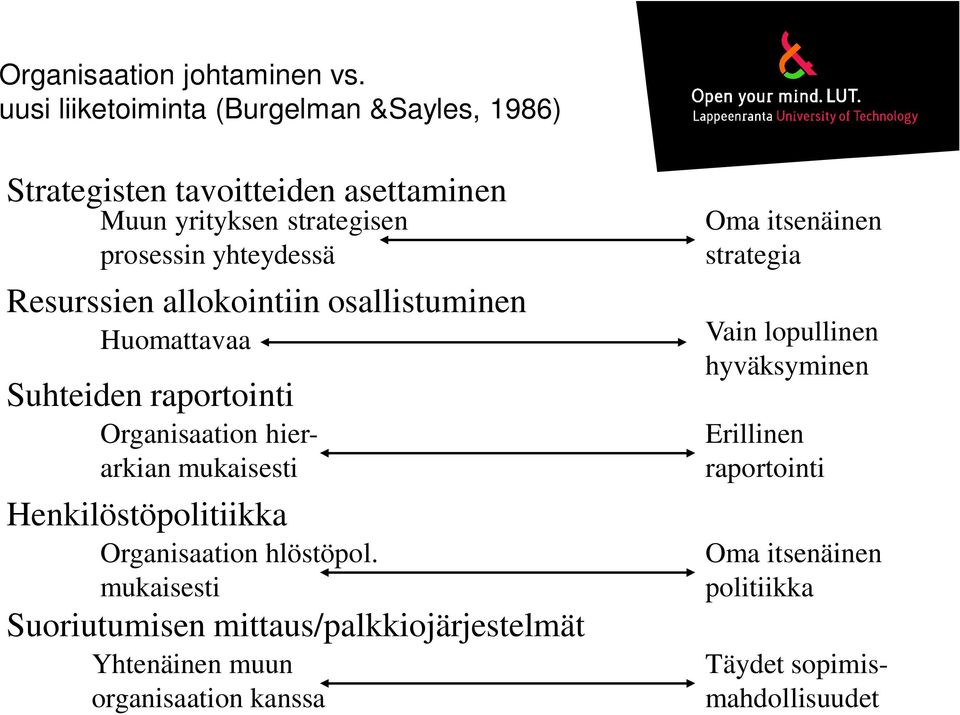 Resurssien allokointiin osallistuminen Huomattavaa Suhteiden raportointi Organisaation hierarkian mukaisesti Henkilöstöpolitiikka