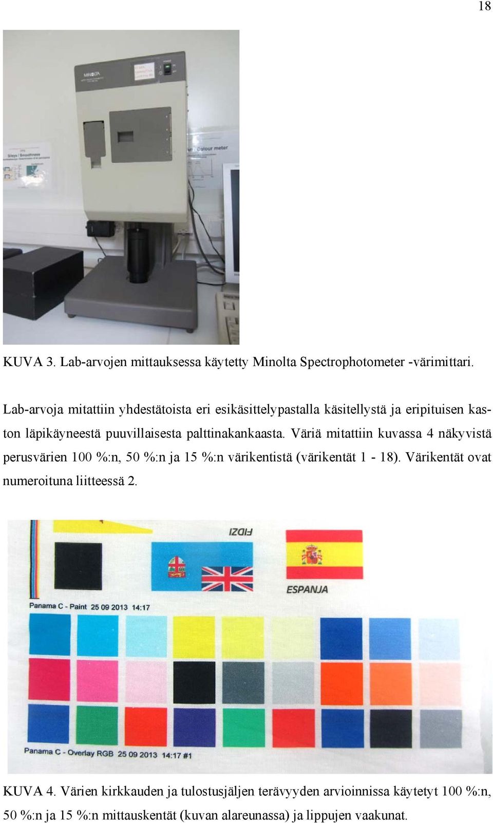 palttinakankaasta. Väriä mitattiin kuvassa 4 näkyvistä perusvärien 100 %:n, 50 %:n ja 15 %:n värikentistä (värikentät 1-18).