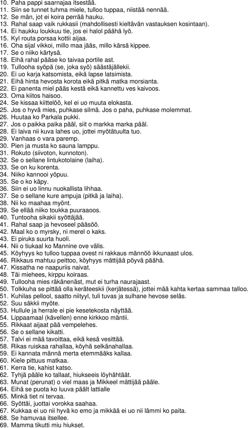 Oha sijal vikkoi, millo maa jääs, millo kärsä kippee. 17. Se o niiko kärtysä. 18. Eihä rahal pääse ko taivaa portile ast. 19. Tullooha syöpä (se, joka syö) säästäjällekii. 20.