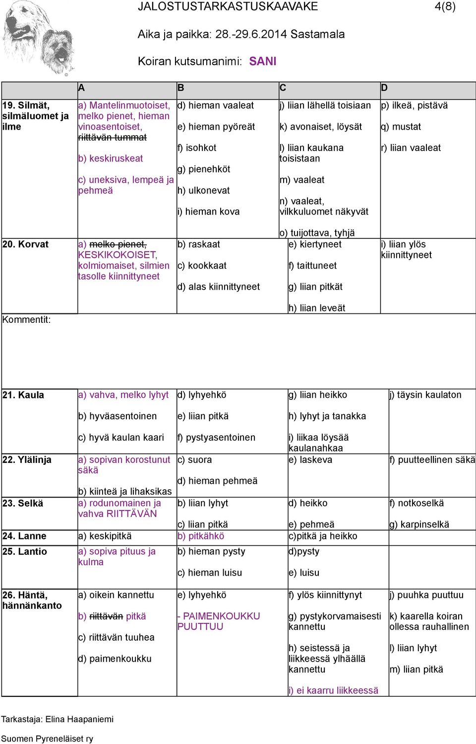 pienehköt h) ulkonevat i) hieman kova j) liian lähellä toisiaan k) avonaiset, löysät l) liian kaukana toisistaan m) vaaleat n) vaaleat, vilkkuluomet näkyvät p) ilkeä, pistävä q) mustat r) liian