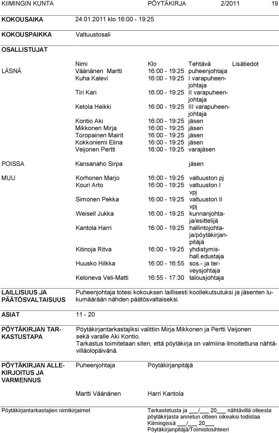 2011 klo 16:00-19:25 KOKOUSPAIKKA Valtuustosali OSALLISTUJAT Nimi Klo Tehtävä Lisätiedot LÄSNÄ Väänänen Martti 16:00-19:25 puheenjohtaja Kuha Kalevi 16:00-19:25 I varapuheenjohtaja Tiri Kari