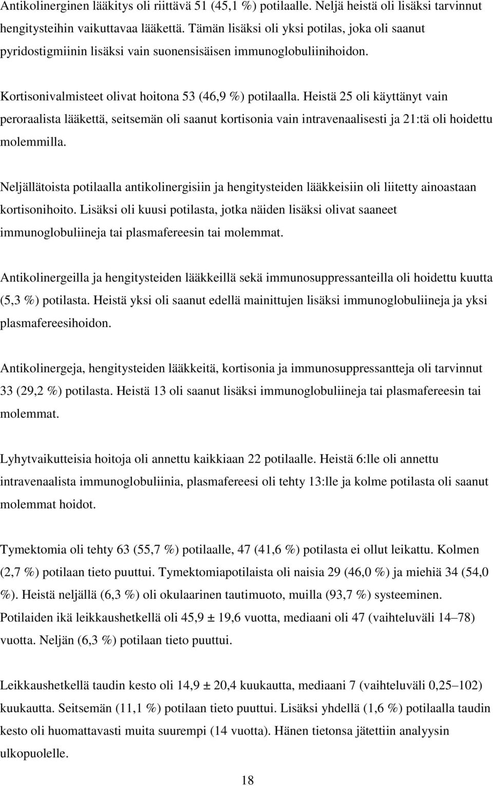 Heistä 25 oli käyttänyt vain peroraalista lääkettä, seitsemän oli saanut kortisonia vain intravenaalisesti ja 21:tä oli hoidettu molemmilla.