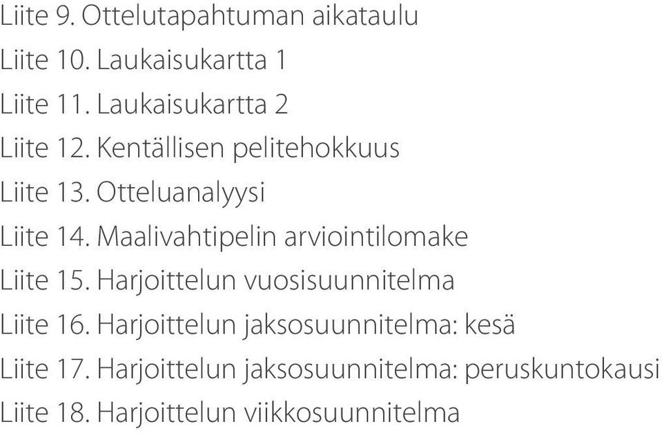 Maalivahtipelin arviointilomake Liite 15. Harjoittelun vuosisuunnitelma Liite 16.