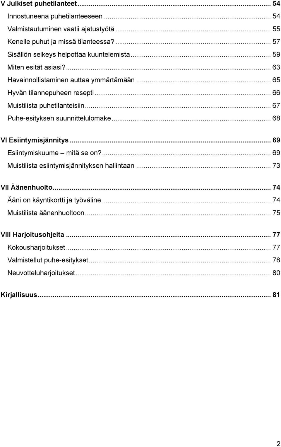 .. 66 Muistilista puhetilanteisiin... 67 Puhe-esityksen suunnittelulomake... 68 VI Esiintymisjännitys... 69 Esiintymiskuume mitä se on?