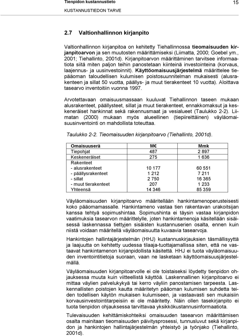 , 2001; Tiehallinto, 2001d). Kirjanpitoarvon määrittäminen tarvitsee informaatiota siitä miten paljon teihin panostetaan kiinteinä investointeina (korvaus, laajennus- ja uusinvestoinnit).