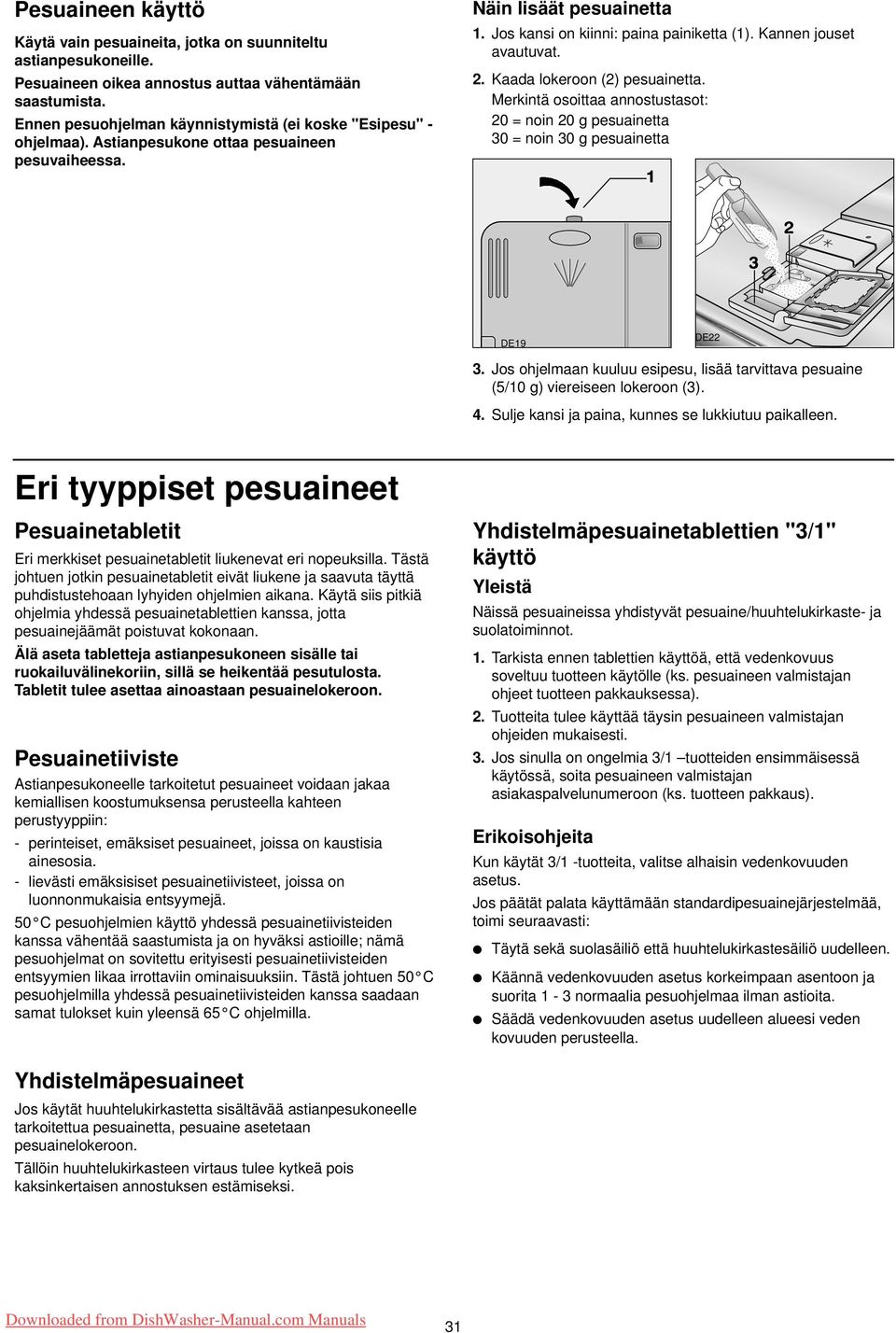 Kannen jouset avautuvat. 2. Kaada lokeroon (2) pesuainetta. Merkintä osoittaa annostustasot: 20 = noin 20 g pesuainetta 30 = noin 30 g pesuainetta DE19 DE22 3.