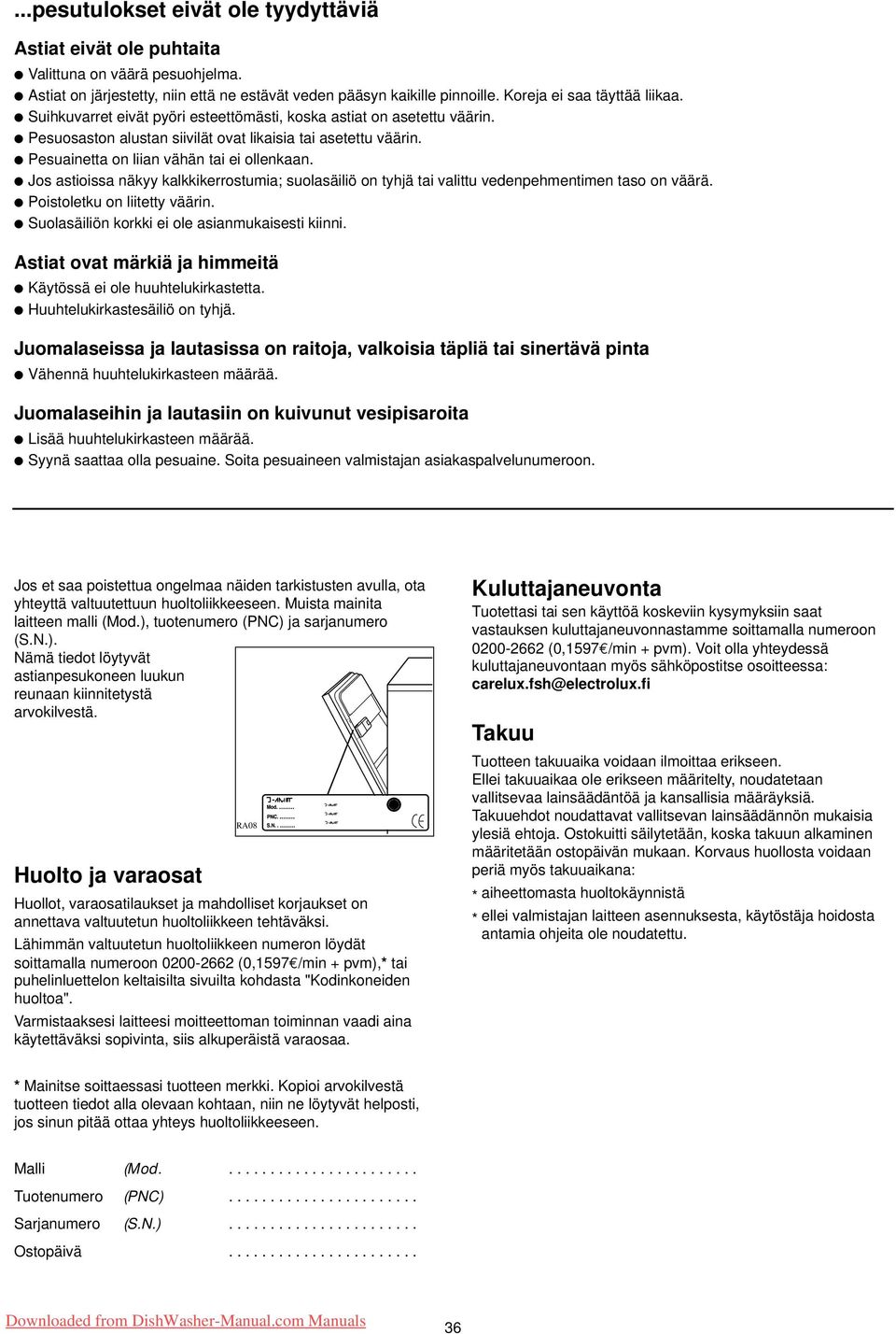 Pesuainetta on liian vähän tai ei ollenkaan. Jos astioissa näkyy kalkkikerrostumia; suolasäiliö on tyhjä tai valittu vedenpehmentimen taso on väärä. Poistoletku on liitetty väärin.