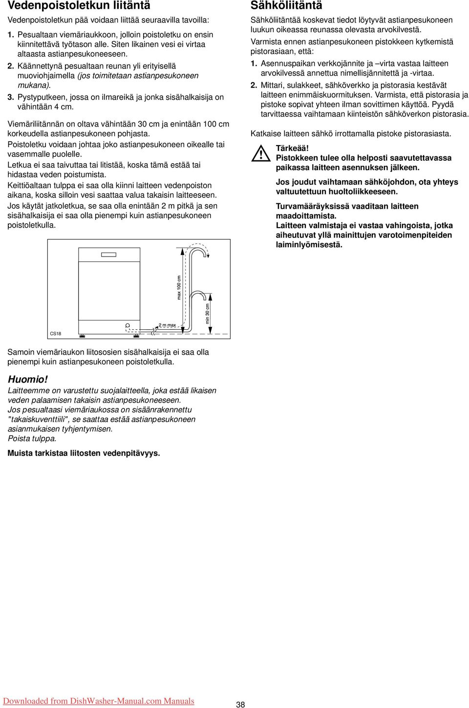 Pystyputkeen, jossa on ilmareikä ja jonka sisähalkaisija on vähintään 4 cm. Viemäriliitännän on oltava vähintään 30 cm ja enintään 100 cm korkeudella astianpesukoneen pohjasta.