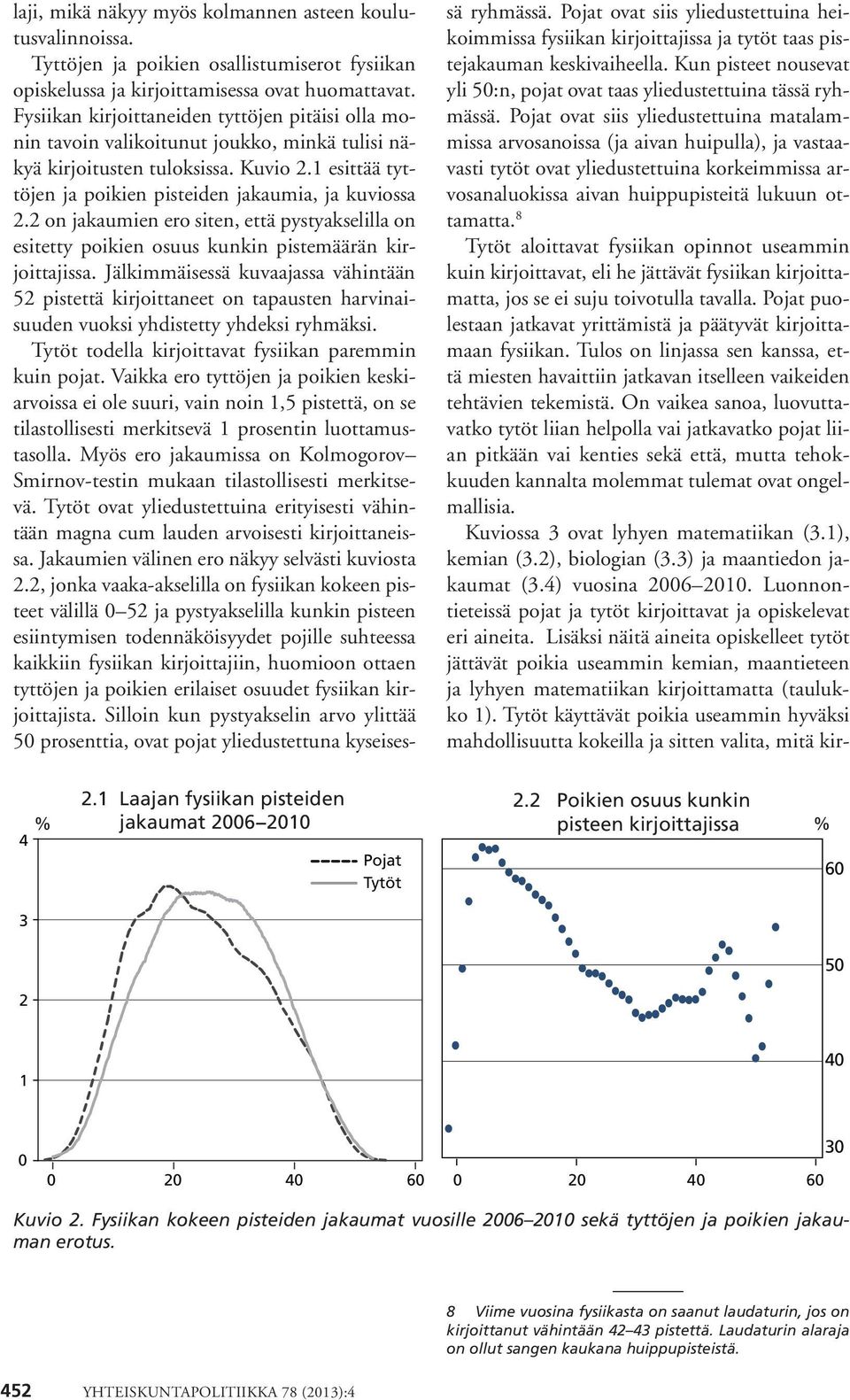 on jakaumien ero siten, että pystyakselilla on esitetty poikien osuus kunkin pistemäärän kirjoittajissa.