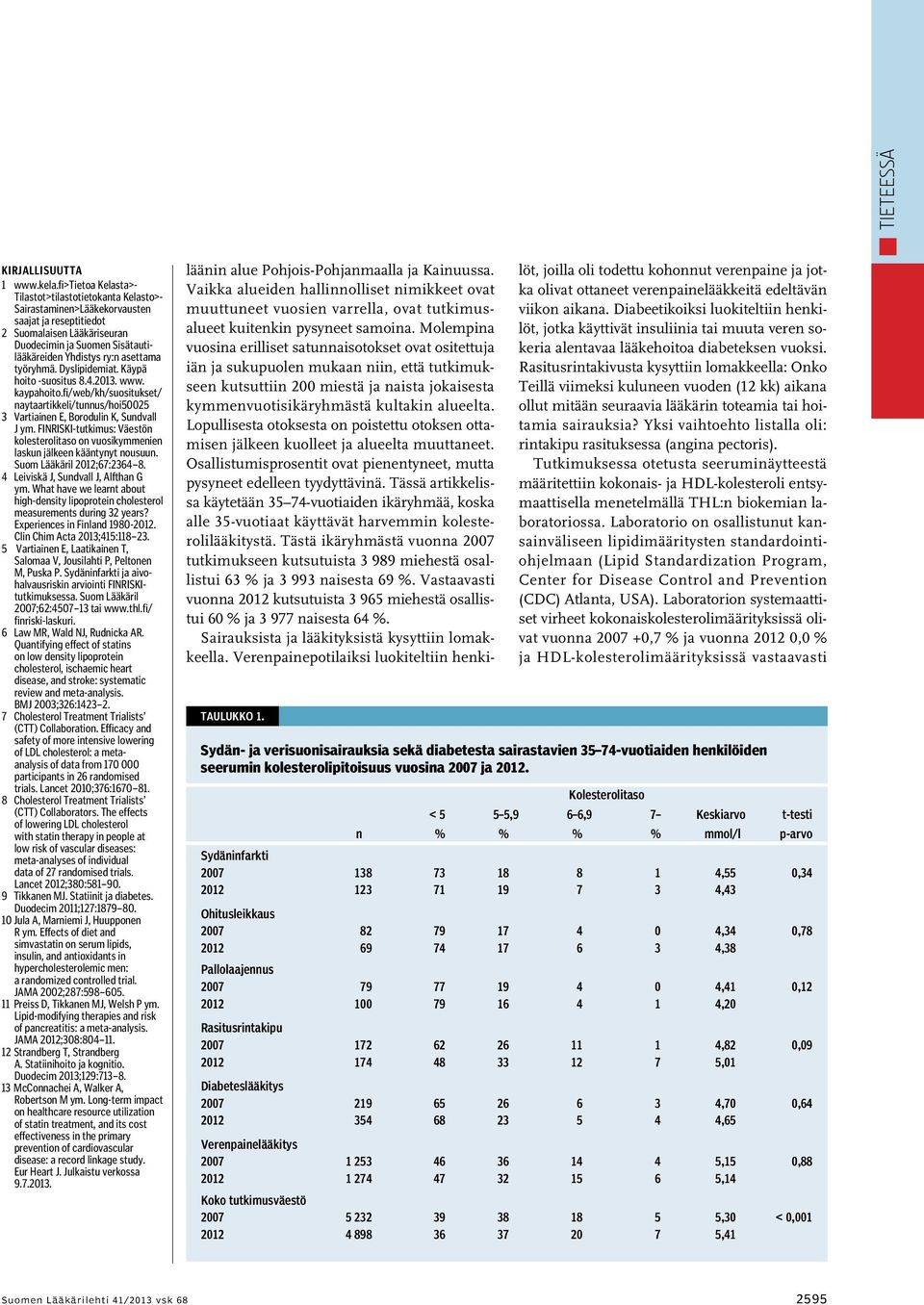 asettama työryhmä. Dyslipidemiat. Käypä hoito -suositus 8..2013. www. kaypahoito.fi/web/kh/suositukset/ naytaartikkeli/tunnus/hoi50025 3 Vartiainen E, Borodulin K, Sundvall J ym.