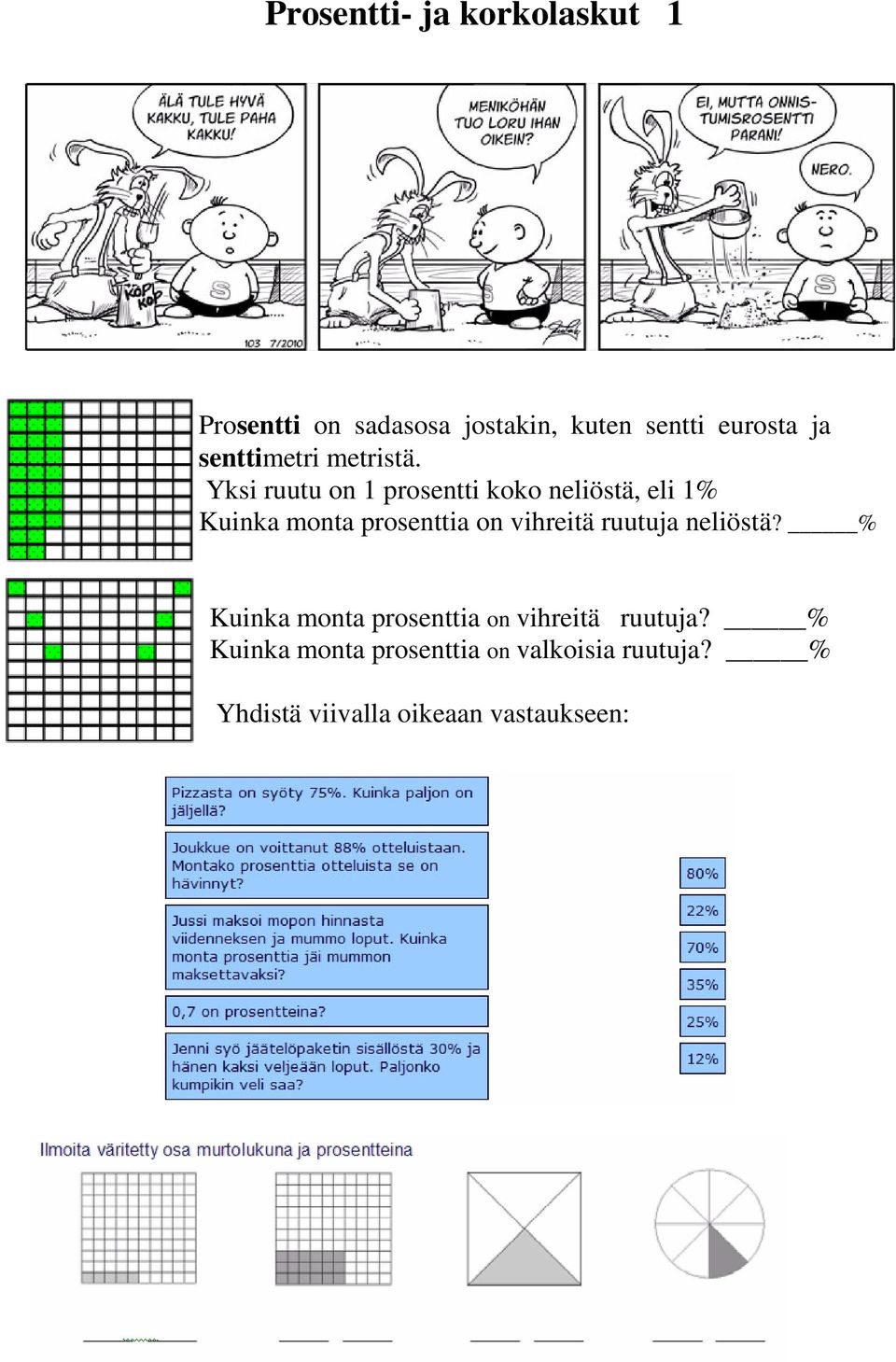 Yksi ruutu on 1 prosentti koko neliöstä, eli 1% Kuinka monta prosenttia on vihreitä