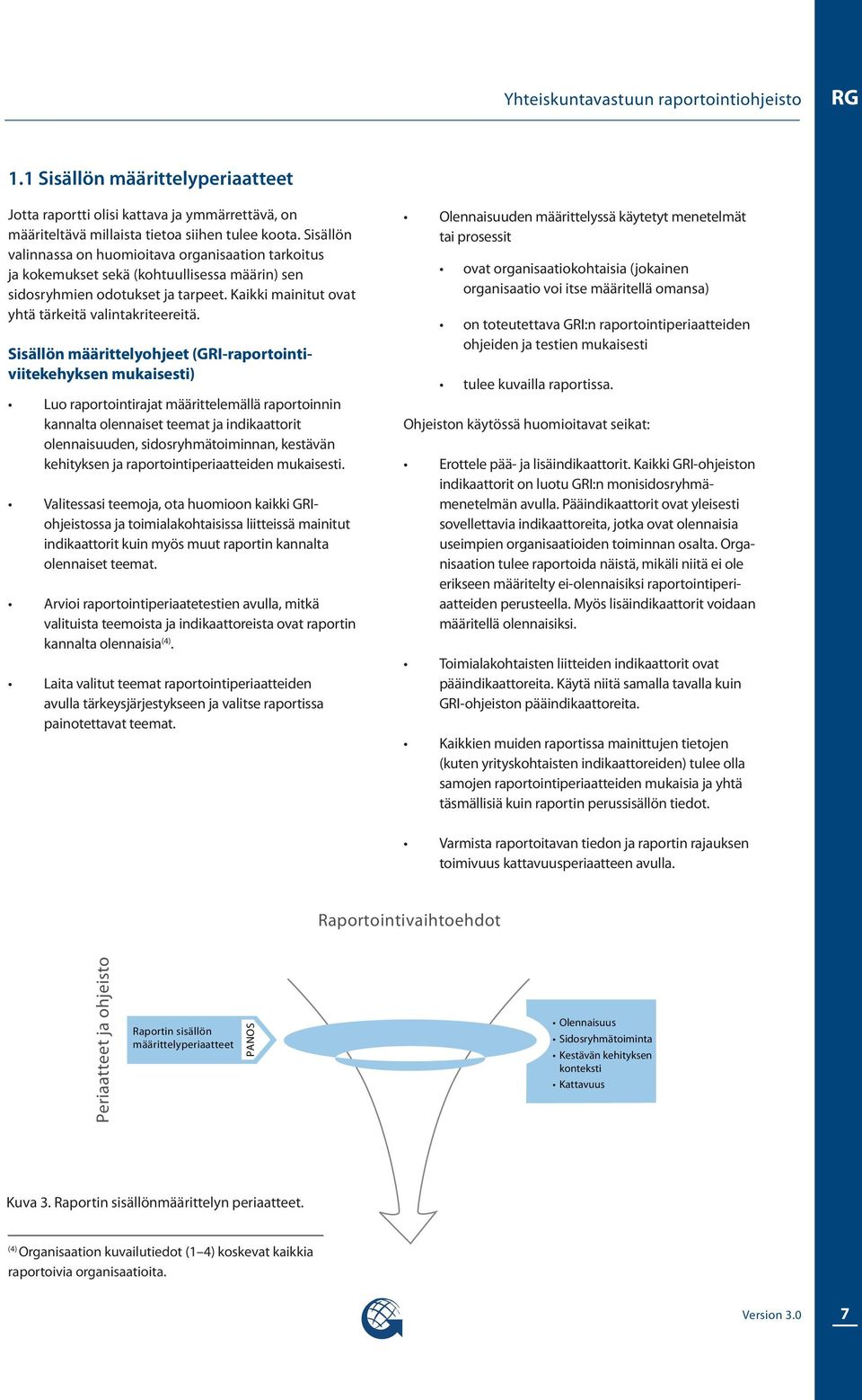 Sisällön määrittelyohjeet (GI-raportointiviitekehyksen mukaisesti) Luo raportointirajat määrittelemällä raportoinnin kannalta olennaiset teemat ja indikaattorit olennaisuuden, sidosryhmätoiminnan,