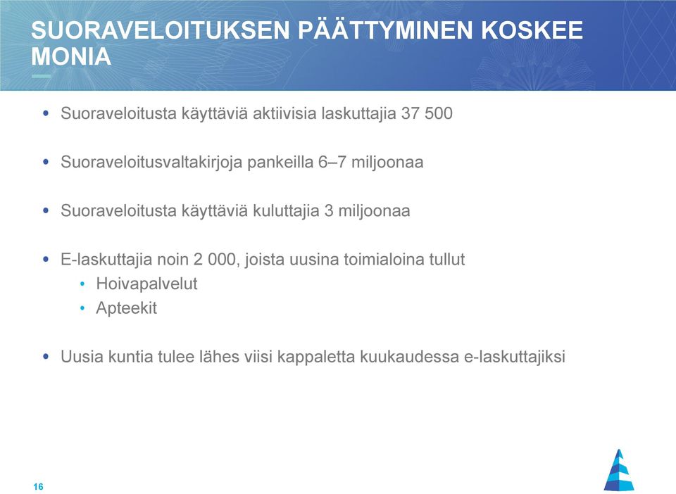 käyttäviä kuluttajia 3 miljoonaa E-laskuttajia noin 2 000, joista uusina toimialoina