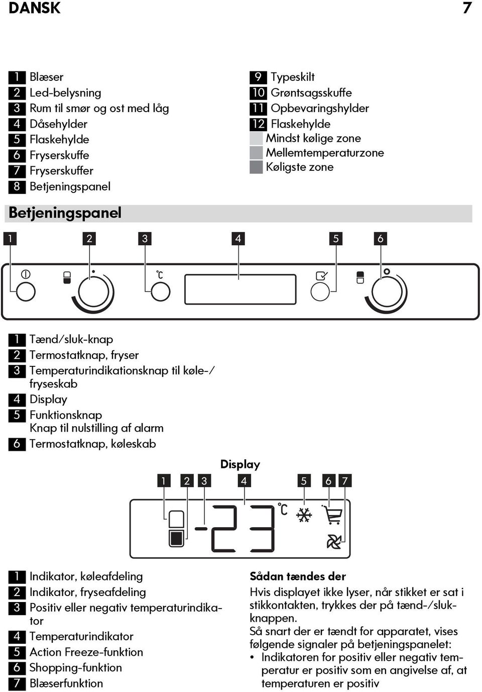 Funktionsknap Knap til nulstilling af alarm 6 Termostatknap, køleskab Display 1 2 3 4 5 6 7 1 Indikator, køleafdeling 2 Indikator, fryseafdeling 3 Positiv eller negativ temperaturindikator 4