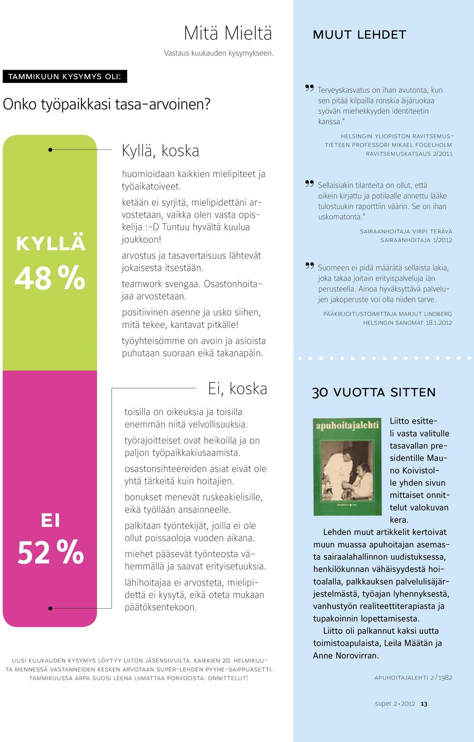 helsingin yliopiston ravitsemustieteen professori mikael fogelholm ravitsemuskatsaus 2/2011 kyllä 48 % huomioidaan kaikkien mielipiteet ja työaikatoiveet.