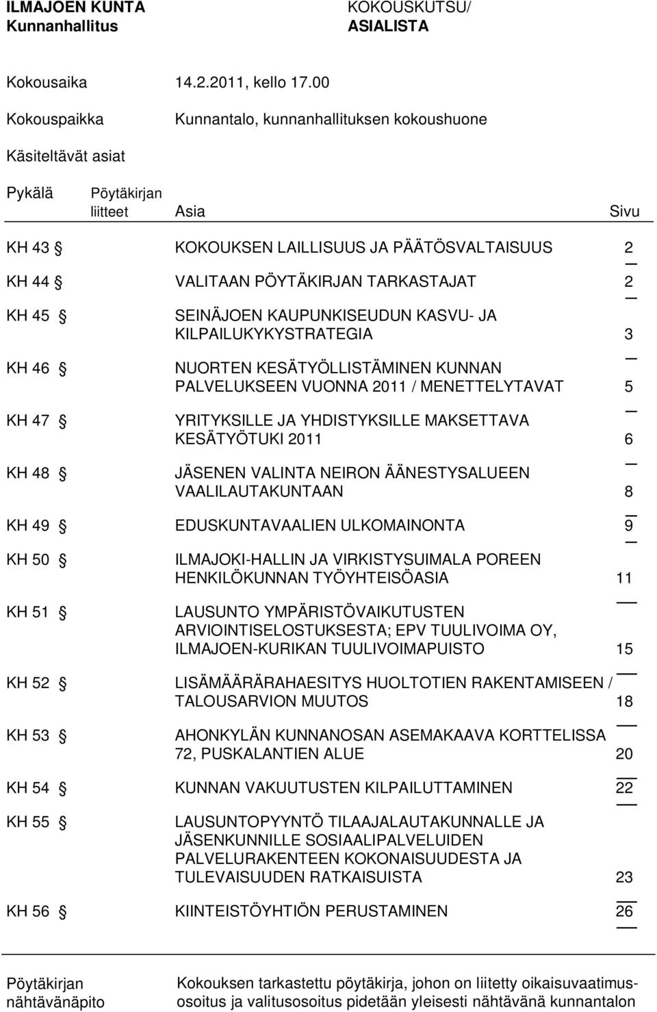 KH 46 KH 47 KH 48 SEINÄJOEN KAUPUNKISEUDUN KASVU- JA KILPAILUKYKYSTRATEGIA 3 NUORTEN KESÄTYÖLLISTÄMINEN KUNNAN PALVELUKSEEN VUONNA 2011 / MENETTELYTAVAT 5 YRITYKSILLE JA YHDISTYKSILLE MAKSETTAVA