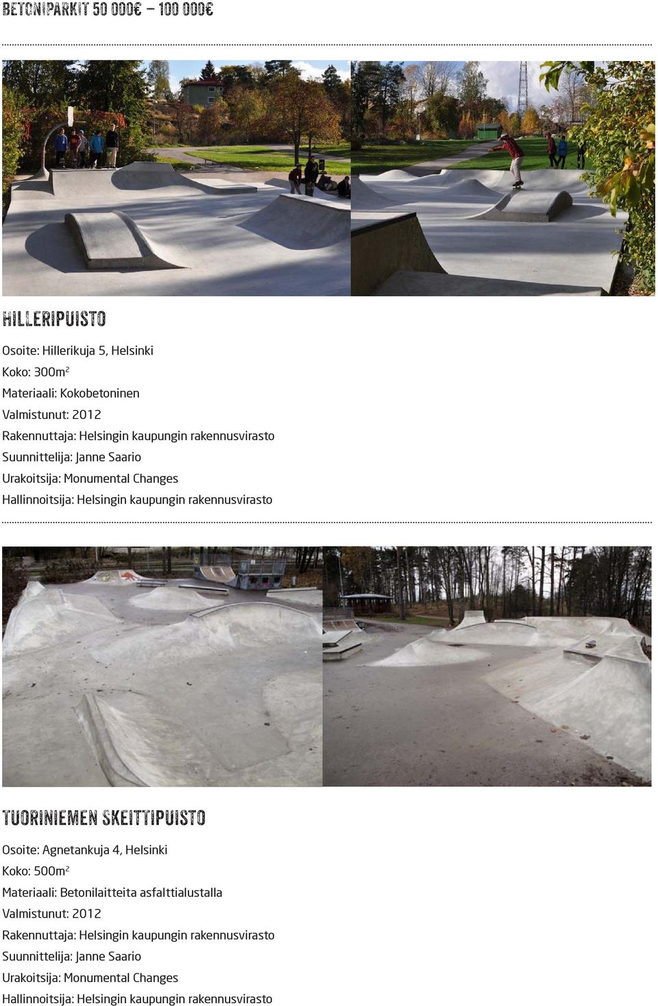 Tuoriniemen Skeittipuisto Osoite: Agnetankuja 4, Helsinki Koko: 500m 2 Materiaali: Betonilaitteita asfalttialustalla Valmistunut: 2012