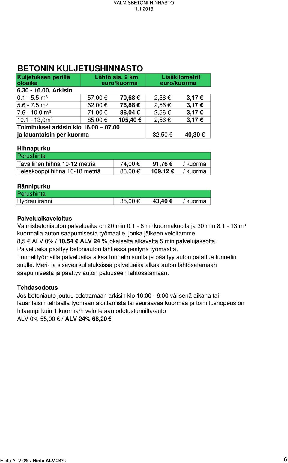 00 ja lauantaisin per kuorma 32,50 40,30 Hihnapurku Perushinta Tavallinen hihna 10-12 metriä 74,00 91,76 / kuorma Teleskooppi hihna 16-18 metriä 88,00 109,12 / kuorma Rännipurku Perushinta