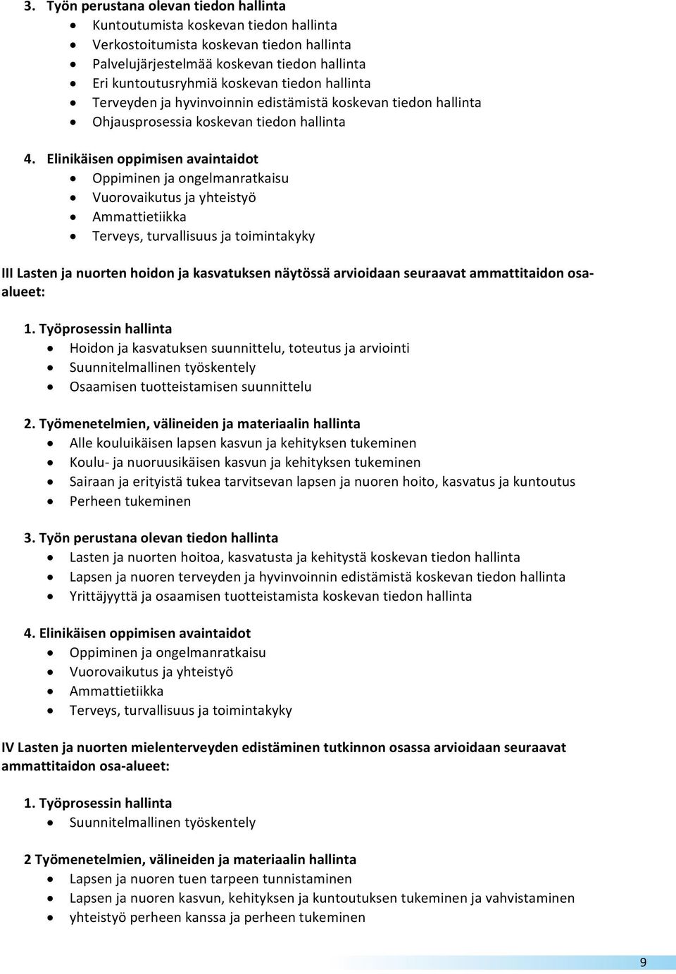 Elinikäisen oppimisen avaintaidot Oppiminen ja ongelmanratkaisu Vuorovaikutus ja yhteistyö Ammattietiikka Terveys, turvallisuus ja toimintakyky III Lasten ja nuorten hoidon ja kasvatuksen näytössä