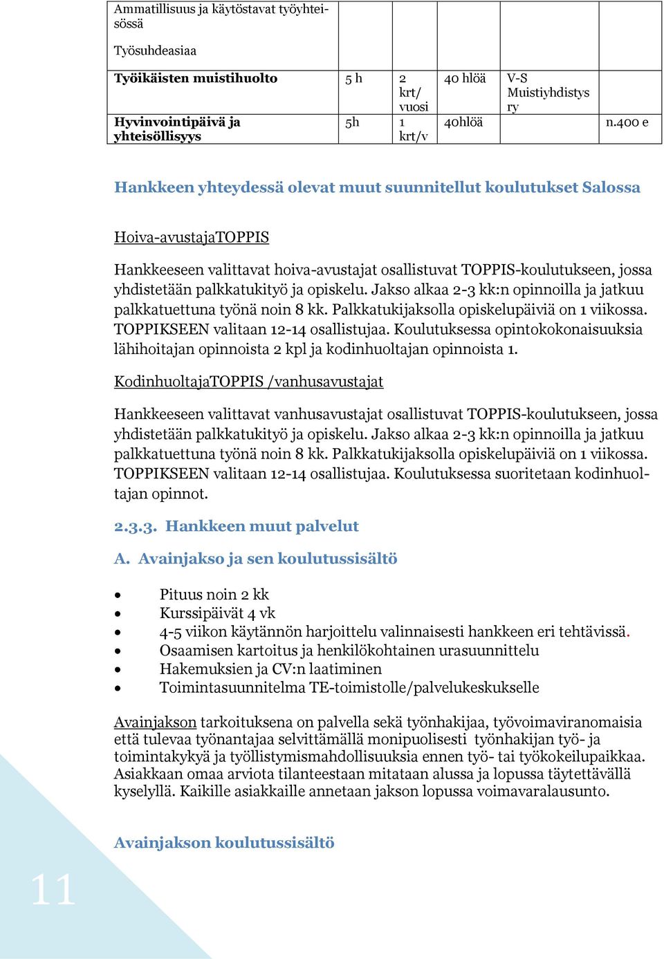 opiskelu. Jakso alkaa 2-3 kk:n opinnoilla ja jatkuu palkkatuettuna työnä noin 8 kk. Palkkatukijaksolla opiskelupäiviä on 1 viikossa. TOPPIKSEEN valitaan 12-14 osallistujaa.