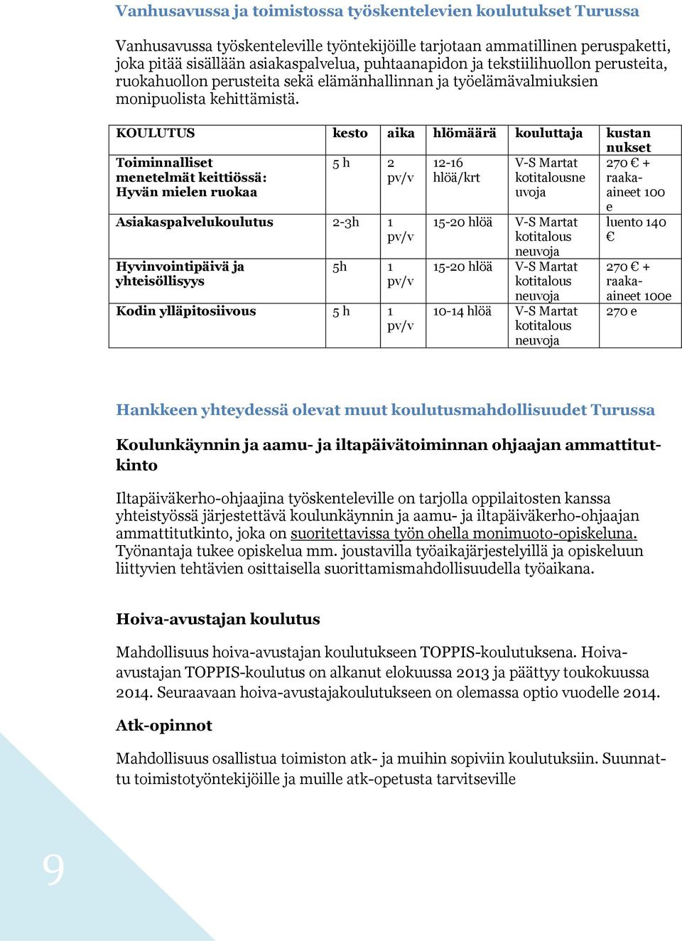 KOULUTUS kesto aika hlömäärä kouluttaja kustan nukset Toiminnalliset 5 h 2 12-16 V-S Martat 270 + menetelmät keittiössä: pv/v /krt kotitalousne raakaaineet Hyvän mielen ruokaa uvoja 100