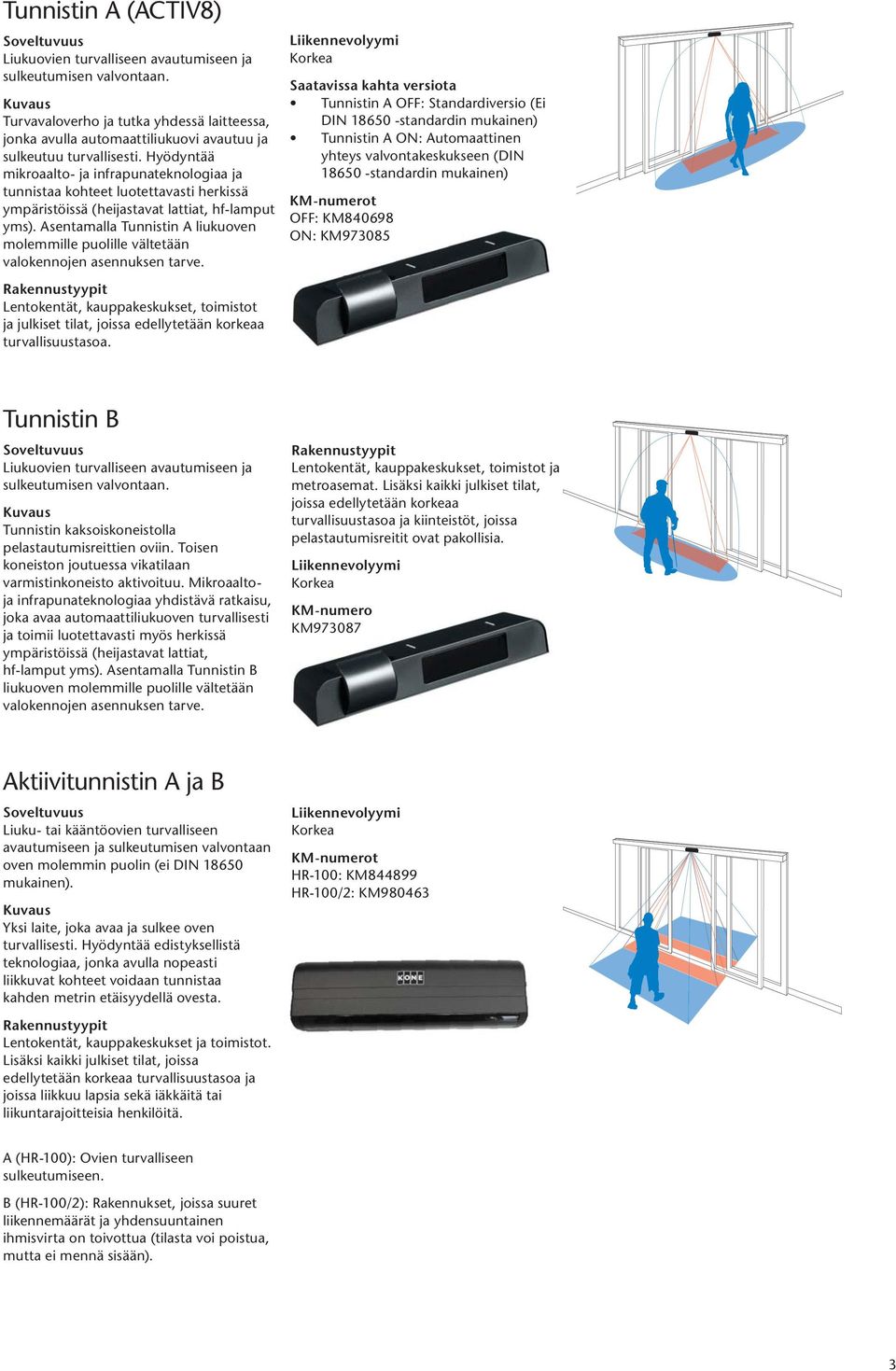 Asentamalla Tunnistin A liukuoven molemmille puolille vältetään valokennojen asennuksen tarve. Lentokentät, kauppakeskukset, toimistot ja julkiset tilat, joissa edellytetään korkeaa turvallisuustasoa.