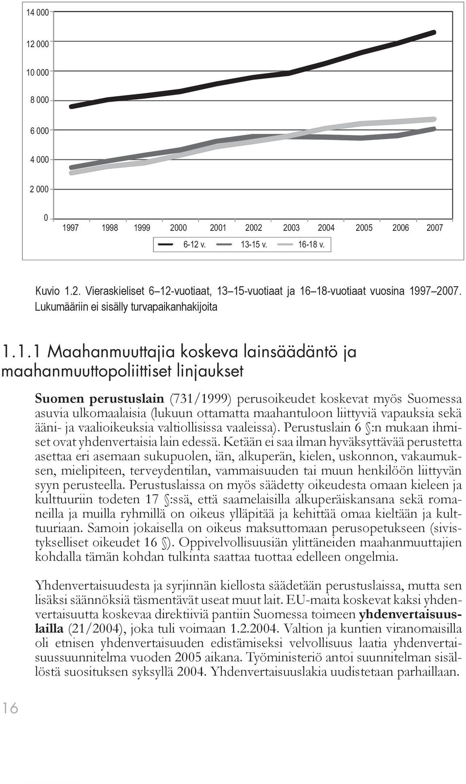 1.1 Maahanmuuttajia koskeva lainsäädäntö ja maahanmuuttopoliittiset linjaukset 16 Suomen perustuslain (731/1999) perusoikeudet koskevat myös Suomessa asuvia ulkomaalaisia (lukuun ottamatta