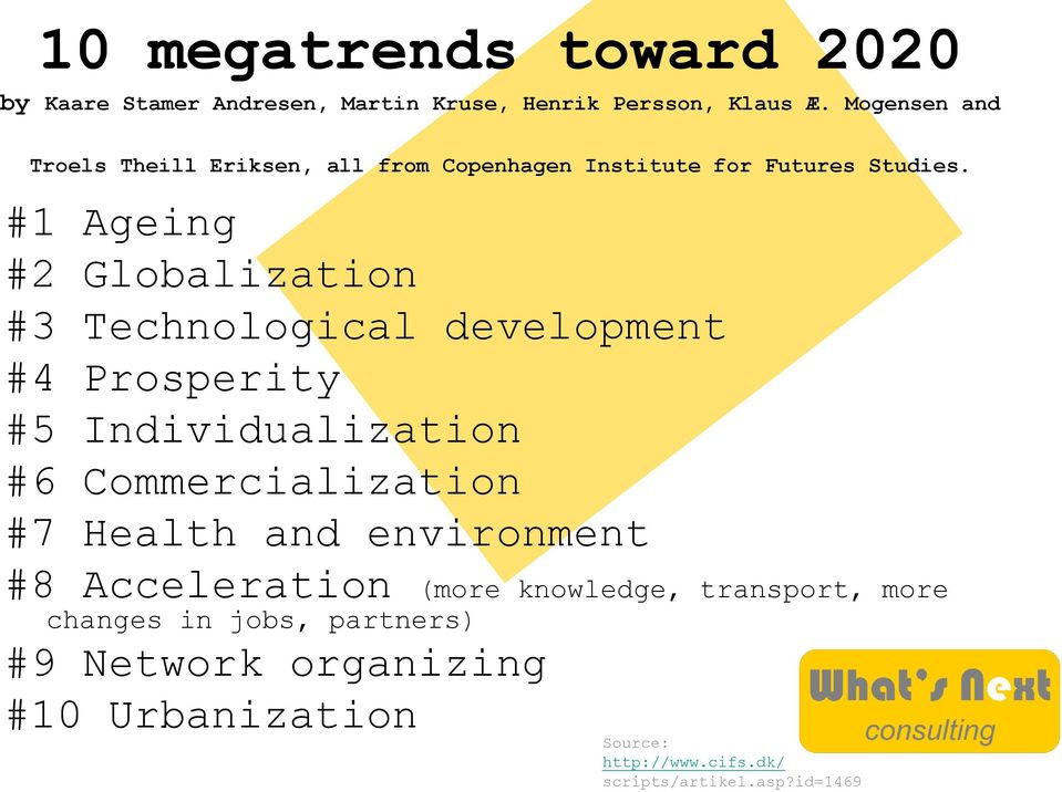 #1 Ageing #2 Globalization #3 Technological development #4 Prosperity #5 Individualization #6 Commercialization #7 Health