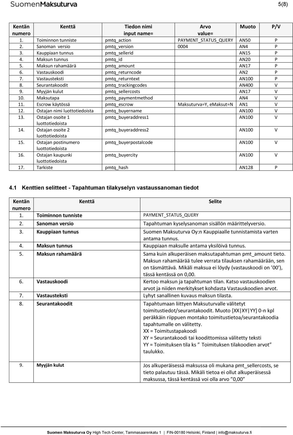 Seurantakoodit pmtq_trackingcodes AN400 V 9. Myyjän kulut pmtq_sellercosts AN17 V 10. Maksutapa pmtq_paymentmethod AN4 V 11. Escrow käytössä pmtq_escrow Maksuturva=Y, emaksut=n AN1 V 12.