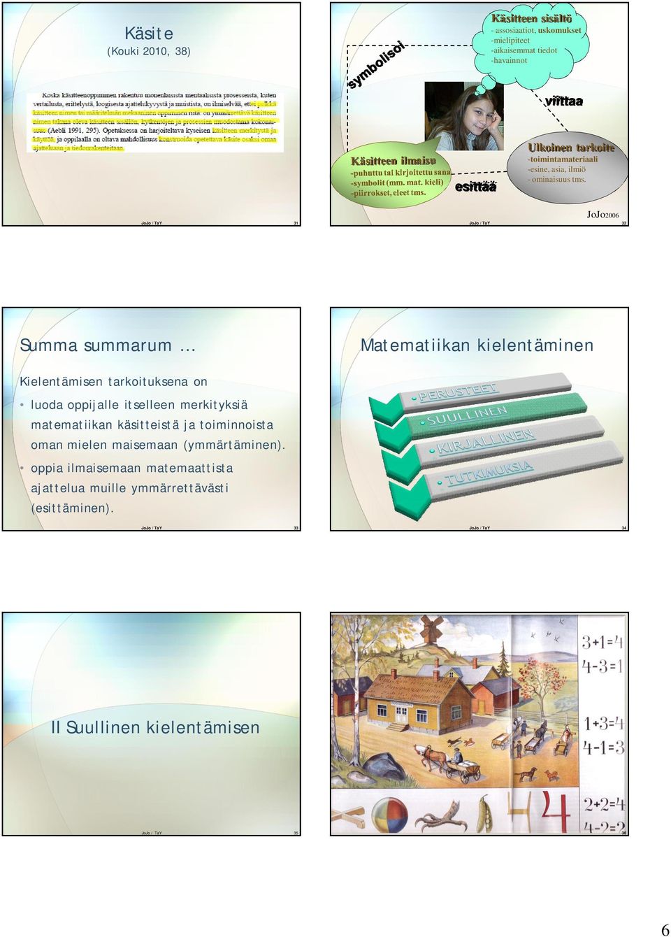 31 JoJo2006 32 Summa summarum Kielentämisen tarkoituksena on luoda oppijalle itselleen merkityksiä matematiikan käsitteistä