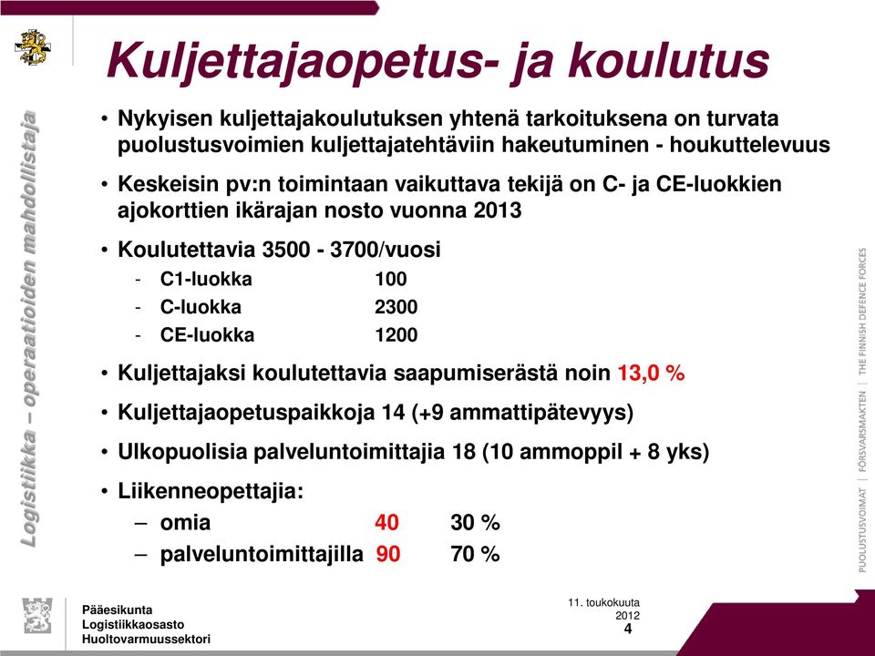 2013 Koulutettavia 3500-3700/vuosi - C1-luokka 100 - C-luokka 2300 - CE-luokka 1200 Kuljettajaksi koulutettavia saapumiserästä noin 13,0 %