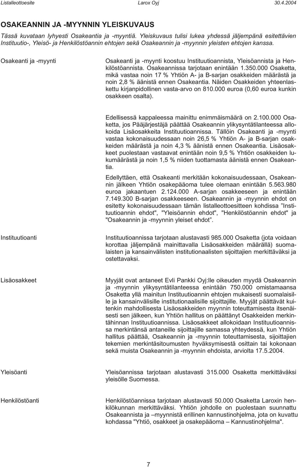 Osakeanti ja -myynti Osakeanti ja -myynti koostuu Instituutioannista, Yleisöannista ja Henkilöstöannista. Osakeannissa tarjotaan enintään 1.350.