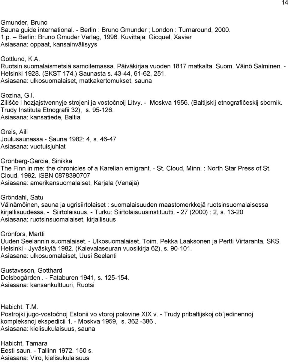 ) Saunasta s. 43-44, 61-62, 251. Asiasana: ulkosuomalaiset, matkakertomukset, sauna Gozina, G.I. Zilišče i hozjajstvennyje strojeni ja vostočnoij Litvy. - Moskva 1956.