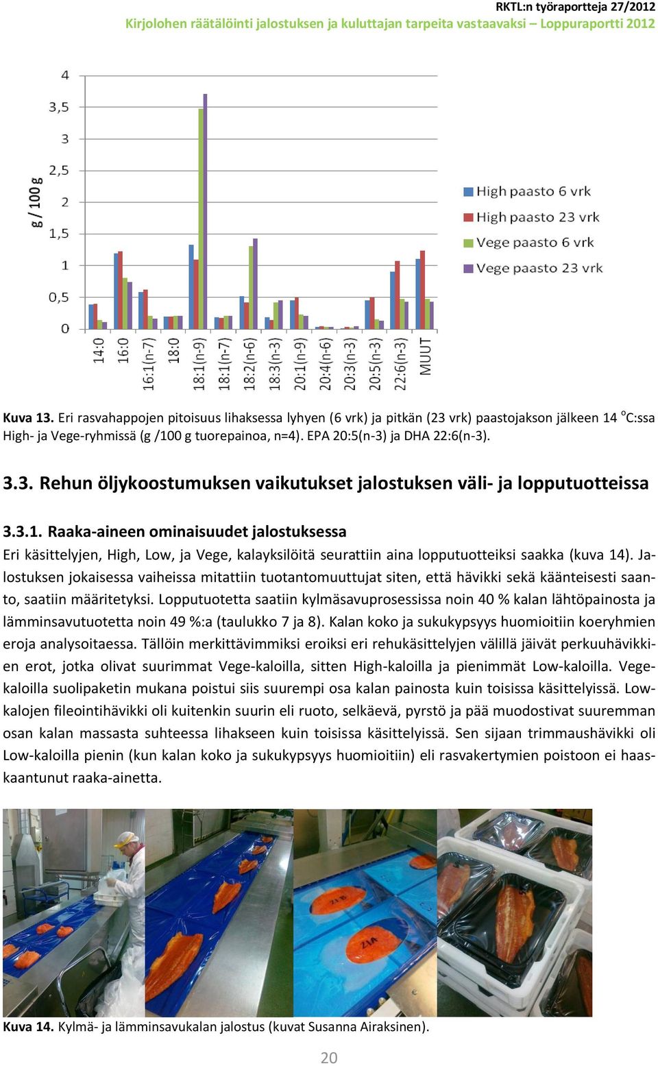 Raaka-aineen ominaisuudet jalostuksessa Eri käsittelyjen, High, Low, ja Vege, kalayksilöitä seurattiin aina lopputuotteiksi saakka (kuva 14).