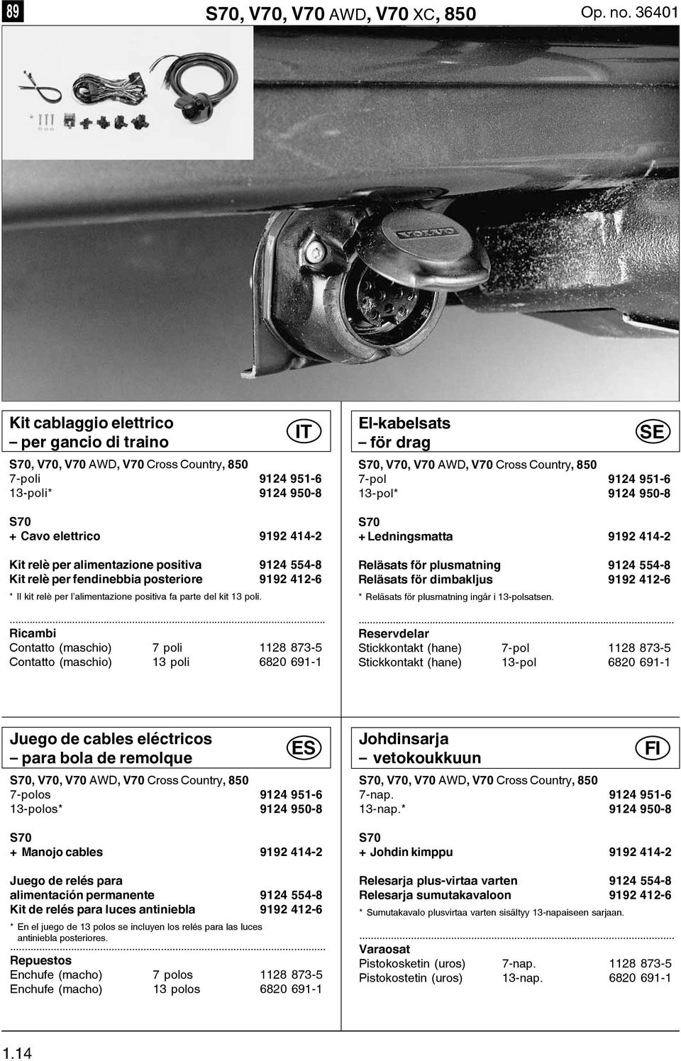 positiva 9124 554-8 Kit relè per fendinebbia posteriore 9192 412-6 * Il kit relè per l alimentazione positiva fa parte del kit 13 poli.