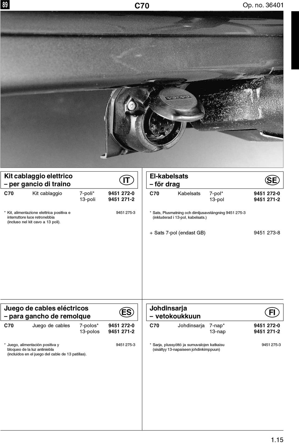 alimentazione elettrica positiva e 9451 275-3 interruttore luce retronebbia (incluso nel kit cavo a 13 poli). * Sats, Plusmatning och dimljusavstängning 9451 275-3 (inkluderad i 13-pol, kabelsats.