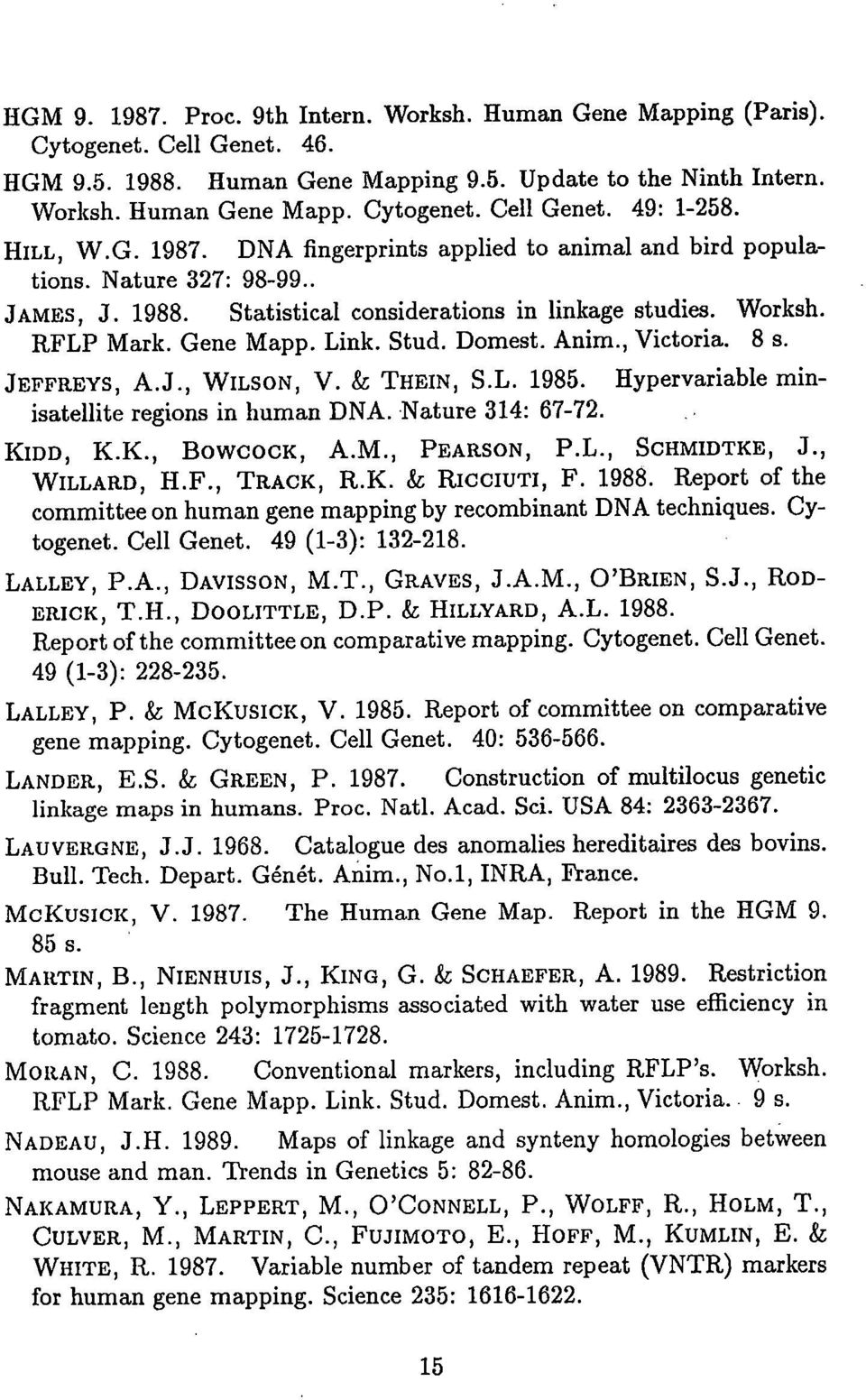 Domest. Anim., Victoria. 8 s. JEFFREYS, A.J., WILSON, V. & THEIN, S.L. 1985. Hypervariable minisatellite regions in human DNA. Nature 314: 67-72. KIDD, K.K., BOWCOCK, A.M., PEARSON, P.L., SCHMIDTKE, J.