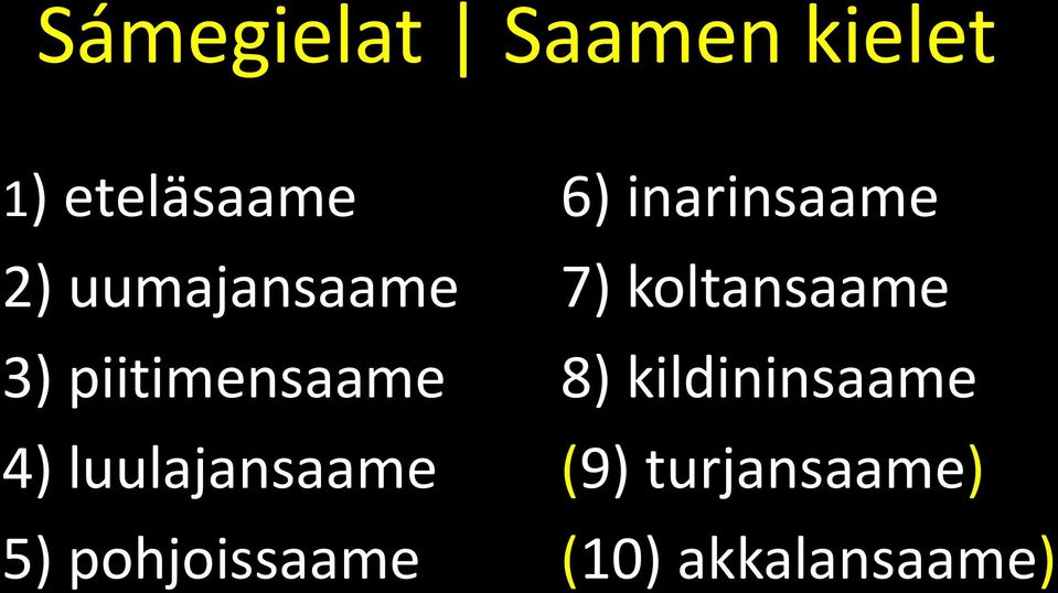 5) pohjoissaame 6) inarinsaame 7) koltansaame