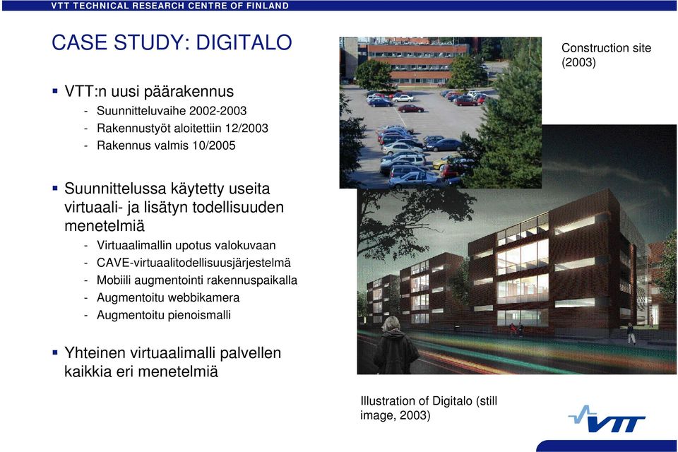 Virtuaalimallin upotus valokuvaan - CAVE-virtuaalitodellisuusjärjestelmä - Mobiili augmentointi rakennuspaikalla - Augmentoitu