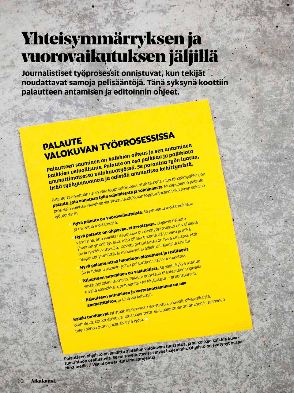 Palaute on osa palkkaa ja palkkiota ammattimaisessa valokuvatyössä. Se parantaa työn laatua, lisää työhyvinvointia ja edistää ammatissa kehittymistä. Palautetta annetaan usein vain lopputuloksesta.