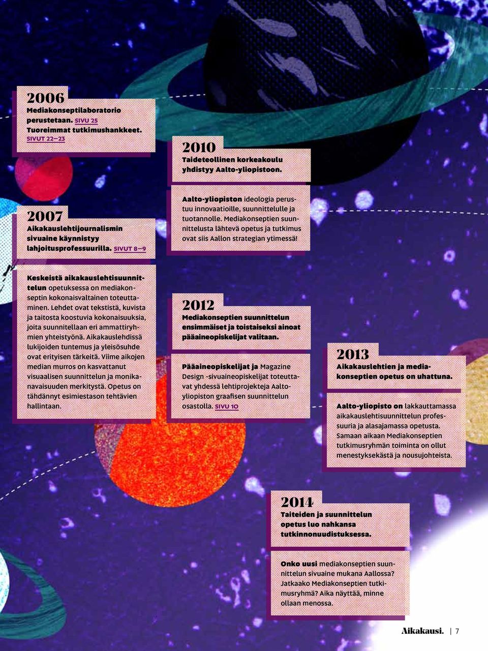 Mediakonseptien suunnittelusta lähtevä opetus ja tutkimus ovat siis Aallon strategian ytimessä! Keskeistä aikakauslehtisuunnittelun opetuksessa on mediakonseptin kokonaisvaltainen toteuttaminen.