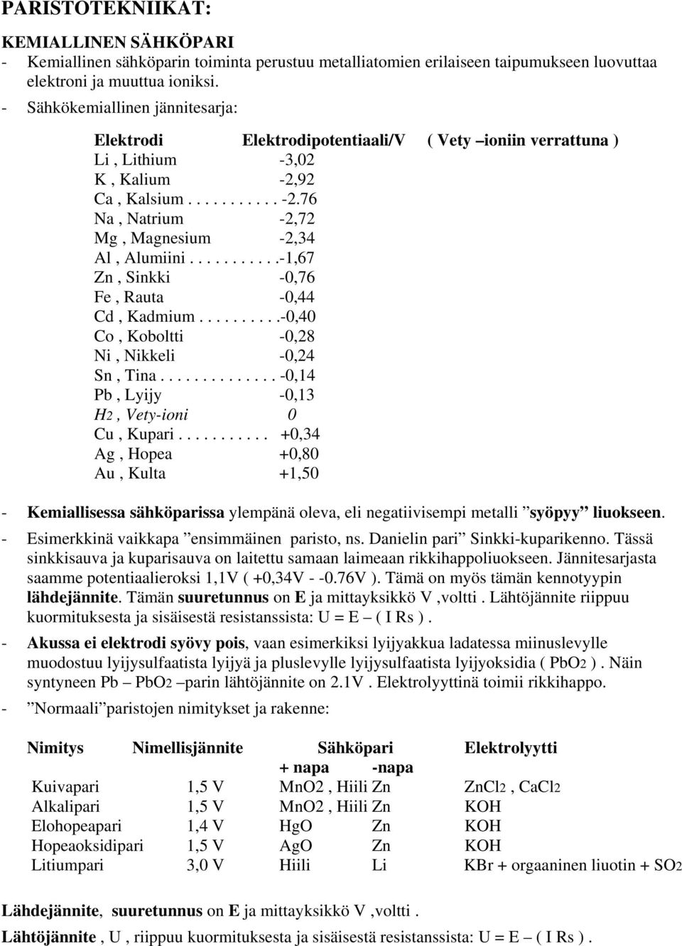 ..........-1,67 Zn, Sinkki -0,76 Fe, Rauta -0,44 Cd, Kadmium..........-0,40 Co, Koboltti -0,28 Ni, Nikkeli -0,24 Sn, Tina.............. -0,14 Pb, Lyijy -0,13 H2, Vety-ioni 0 Cu, Kupari.