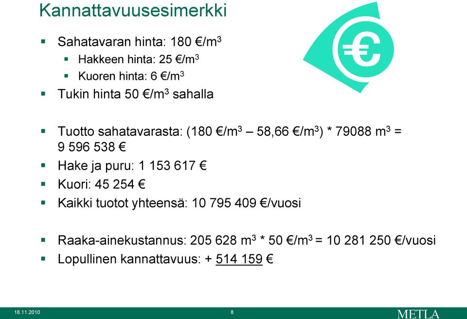 538 Hake ja puru: 1 153 617 Kuori: 45 254 Kaikki tuotot yhteensä: 10 795 409 /vuosi